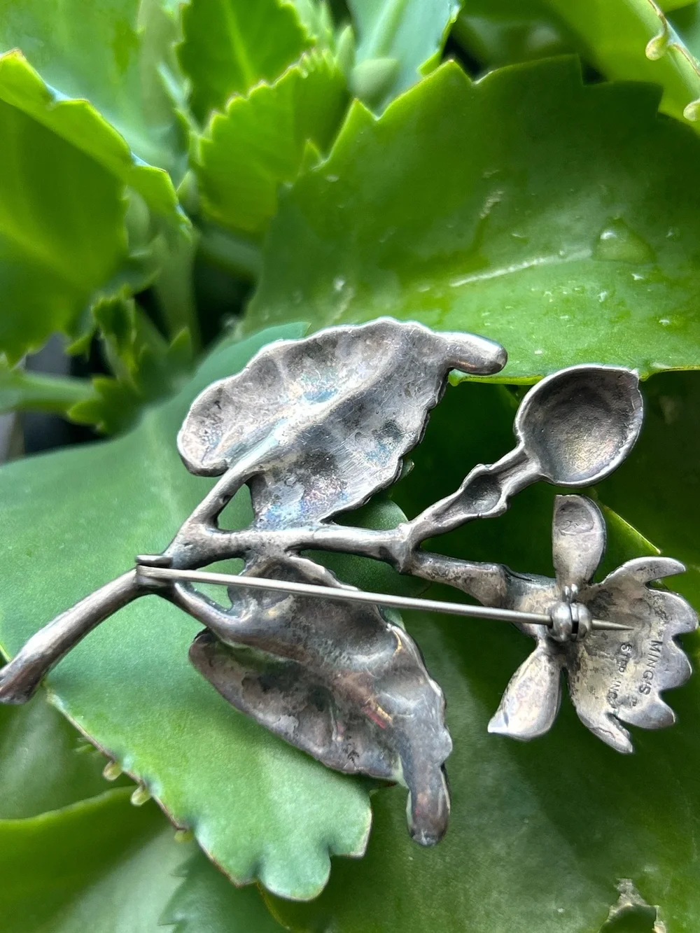 Vintage sterling silver Honolulu Ming’s Pikake flower leave brooch pin Rare
